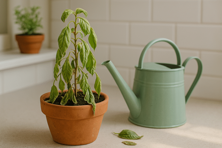 Vaso com ervas aromáticas murchas sobre bancada iluminada, ao lado de regador, indicando excesso de água em ambiente de microcultivo.