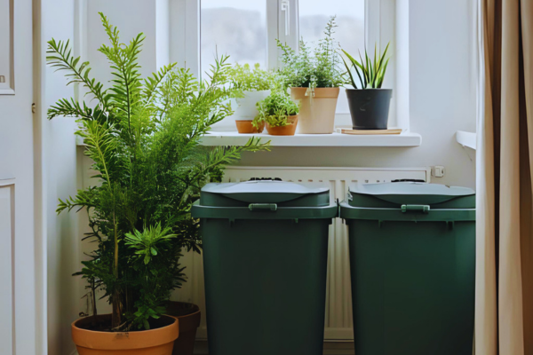 Compostagem doméstica sendo feita em vaso pequeno