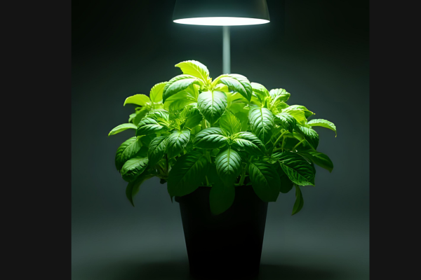 Vaso de manjericão sob luz de LED em ambiente interno