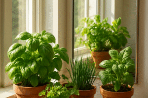 Espelho grande posicionado estrategicamente ao lado de uma janela, refletindo luz natural sobre vasos com ervas frescas e vegetais em uma horta interna.