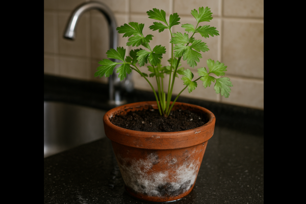 Vaso com ervas aromáticas em bancada de cozinha úmida, com sinais de fungos visíveis no solo.