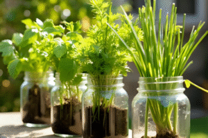 Jardim de ervas aromáticas em potes de vidro reutilizados dispostos em prateleira de madeira, com etiquetas artesanais e luz natural ao fundo