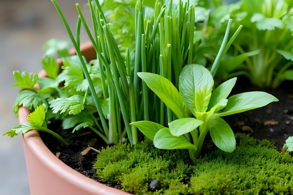Musgo sphagnum cobrindo solo em vaso de temperos