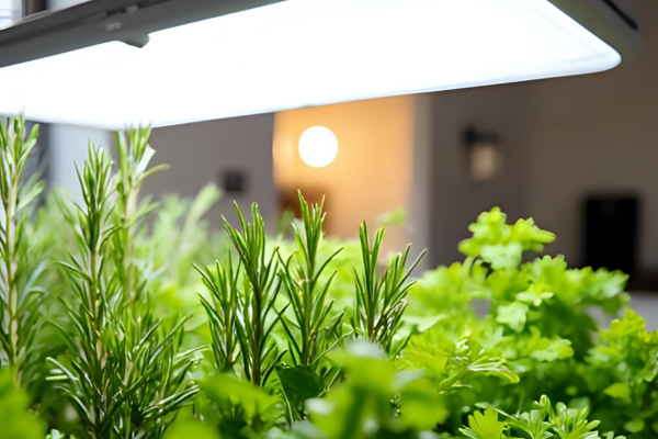 Temperos crescendo sob grow light em prateleira interna